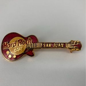 Hard Rock Cafe San Juan Puerto Rico Guitar Pin, Souvenir Red Gold 2.5" x 0.9"